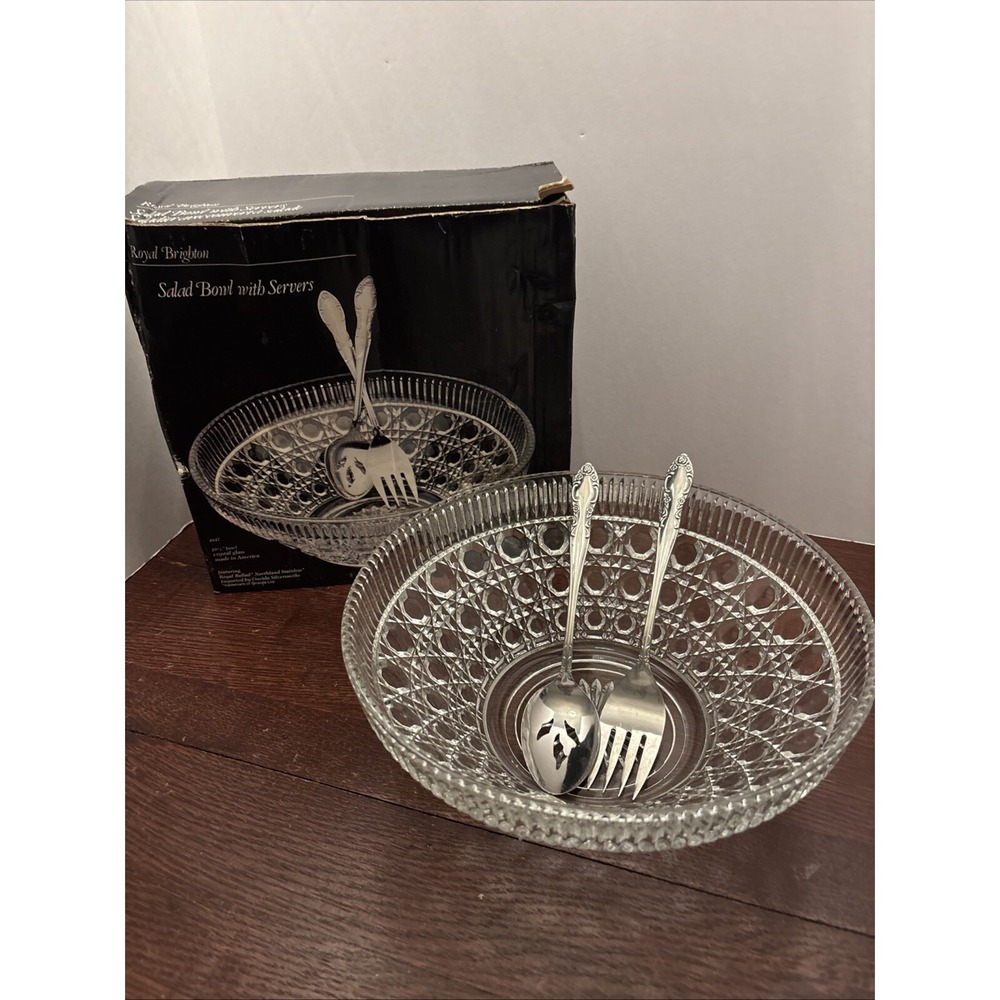 Royal Brighton Crystal Salad Bowl 10.5" With 2 Oneida Servers New Open Box